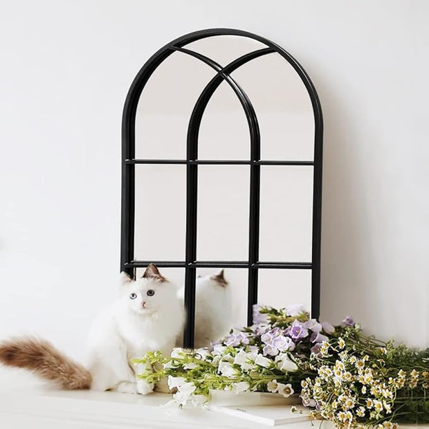 OGCAU Wall Mounted Mirror, 24"x42" Arched Wall Mirror, Arched Window Shaped Farmhouse Style with Iron Frame, Paneled Wall Decor for Bedroom, Entryway, Living Room (Black)
