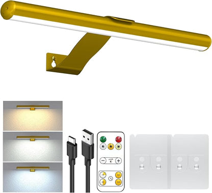 Starxing Picture Light with Remote, Wireless Battery Painting Light with 3 Lighting Colors, 4400mAh Rechargeable Art Light Display Lamp, Dimmable Timer Lamp for Artwork Gallery (Gold)