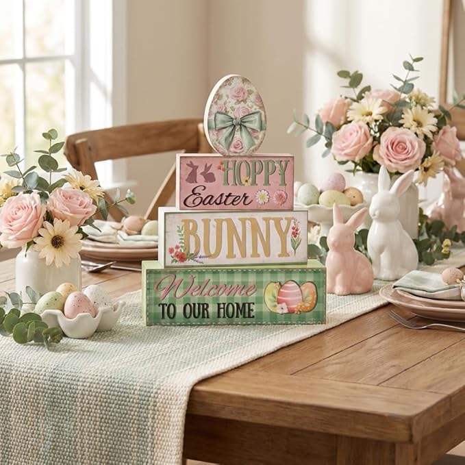 Easter Decorations, 4 Pcs Wooden Easter Table Decorations, Easter Egg Tiered Tray Decor, Vintage Wooden Table Sign for Desk Shelf Mantel Coffee Bar, Indoor Home Decor