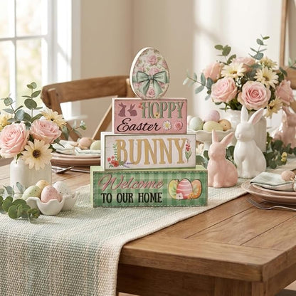 Easter Decorations, 4 Pcs Wooden Easter Table Decorations, Easter Egg Tiered Tray Decor, Vintage Wooden Table Sign for Desk Shelf Mantel Coffee Bar, Indoor Home Decor