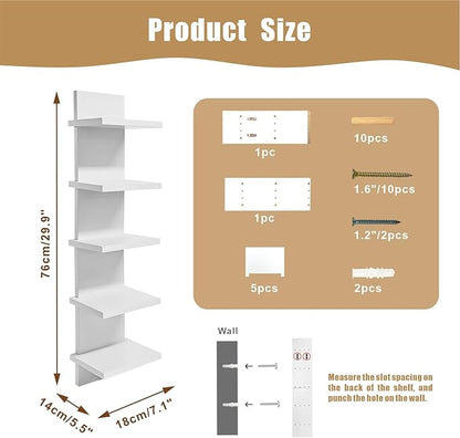 5 Tier Shelves for Wall, Decorative Wall Mounted Vertical Shelving Column Decor 30 Inch H Mounted Floating Storage Organizer Natural Finish Wall Shelf for Living Room, Bedroom, Bathroom
