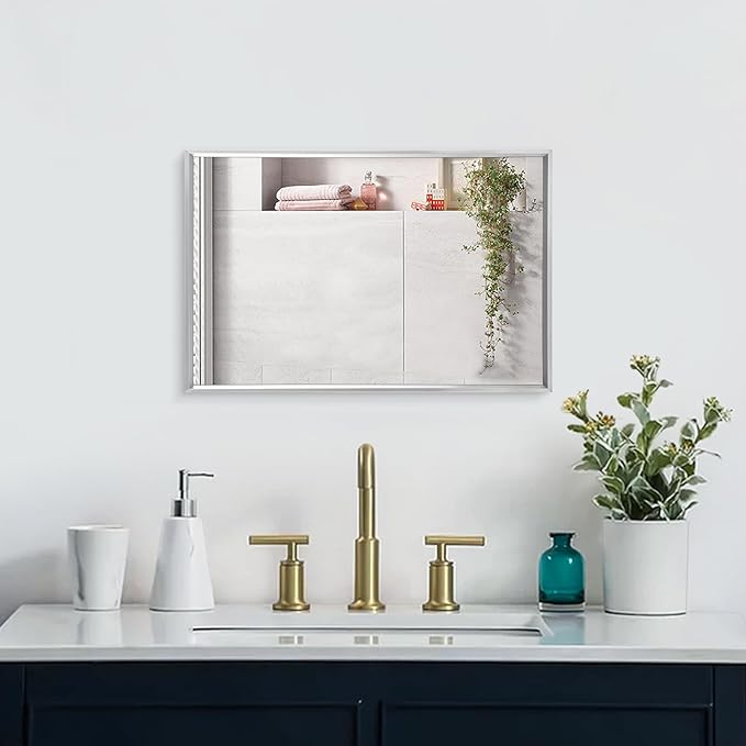 AAZZKANG Metal Frame Mirror Rectangle Wall Mounted Mirrors Decorative Modern for Bedroom Bathroom Living Room Vertical or Horizontal Silver 20