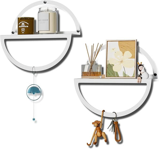 Floating Wall Shelves Set of 2, 11.8 Inch Round Metal Shelves for Wall Decor, One-Tier Small Display Shelf for Bedroom, Living Room, Bathroom, Kitchen Storage & Decoration, White