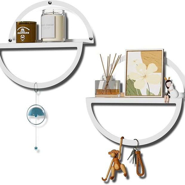 Floating Wall Shelves Set of 2, 11.8 Inch Round Metal Shelves for Wall Decor, One-Tier Small Display Shelf for Bedroom, Living Room, Bathroom, Kitchen Storage & Decoration, White