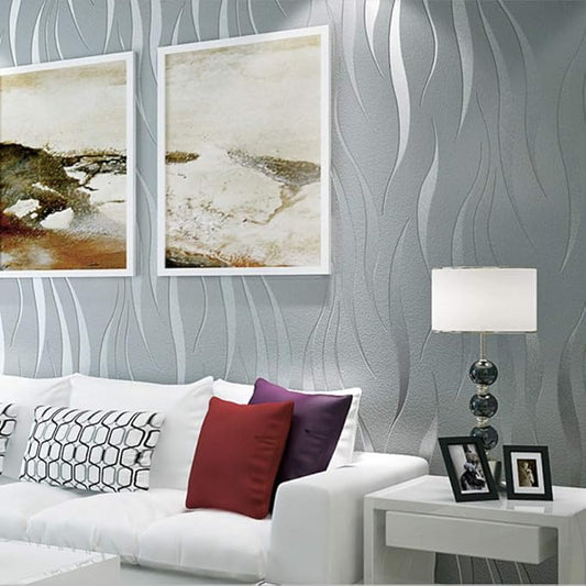 Simple Fashionable Non-woven Wallpaper 3D Embossed Three-dimensional Flocking Foaming Wave Stripes Bedroom Living Room TV Background Wall Shop Decoration20.87"Wx393.7"L Non-Pasted (Silver gray)