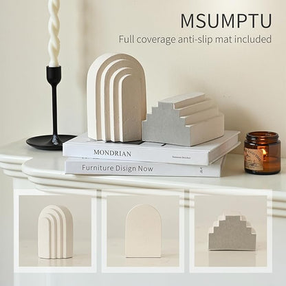 Decorative Bookends for Shelves, Set of 2 Book Ends for Heavy Books, Layered Arch Design Beige Bookend