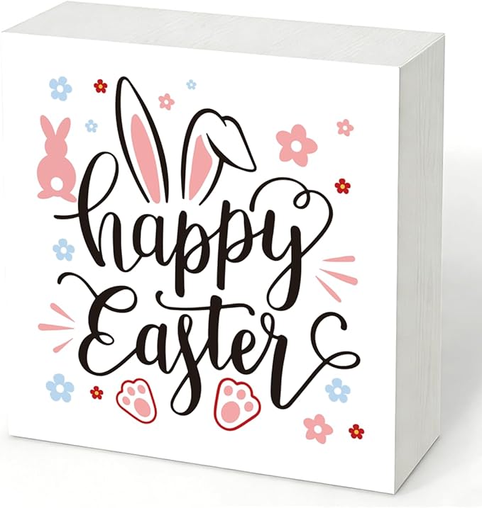 Easter Decorations for Home Happy Easter Bunny Wooden Sign, Spring Farmhouse Table Decor, Cute Easter Desk Decorations, Office Shelf Plaque, Holiday Gift for Family Friends