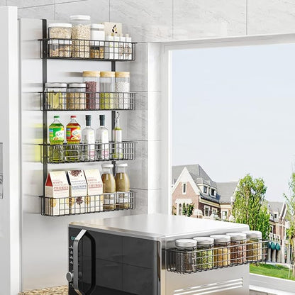 4 Tier Magnetic Spice Rack | Strongly Magnetic Spice Shelf with Utility Hooks | Refrigerator Spice Storage | Kitchen Storage Rack for Placing Seasoning Bottles, Plastic Wraps or Garbage Bags (Black)