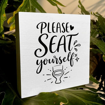 Funny Rustic Bathroom Decor Wooden Box Sign 5x5 Inch - "PLEASE SEAT yourself" Humorous Restroom Shelf Table Decor, Farmhouse Style Wall Countertop Ornament for Home Guest Bathroom Housewarming Gift