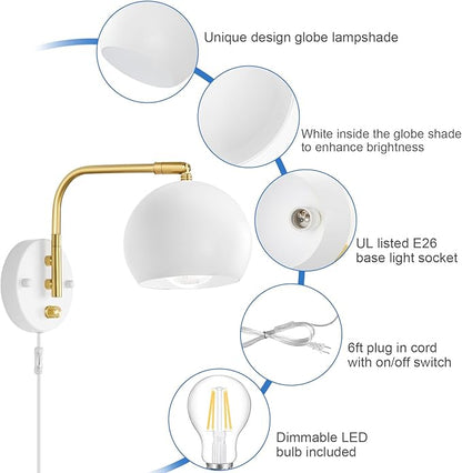 Wall Sconces Plug in, Dimmable Wall Sconce Swing Arm Wall Lights with Plug in Cord and Dimmer On/Off Knob Switch, White Globe Wall Light for Bedside Bedroom Hallway(2 Bulbs Included)
