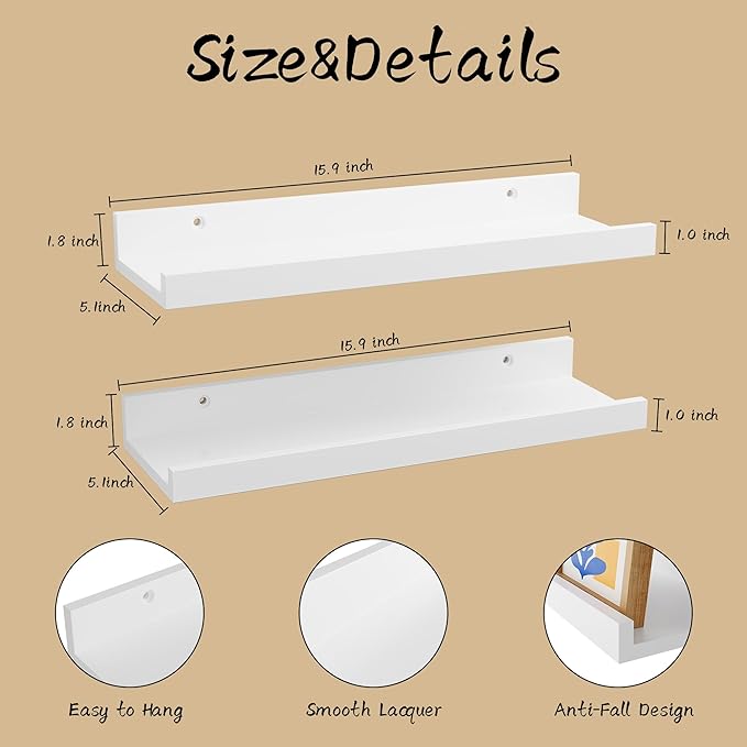 16 Inch Bamboo Wall Shelf - Floating Shelves with Lip Set of 2, Picture Ledge Shelf for Home Decor, Wood Shelves for Wall, White Floating Shelves for Bathroom,Bedroom,Kitchen&Living Room