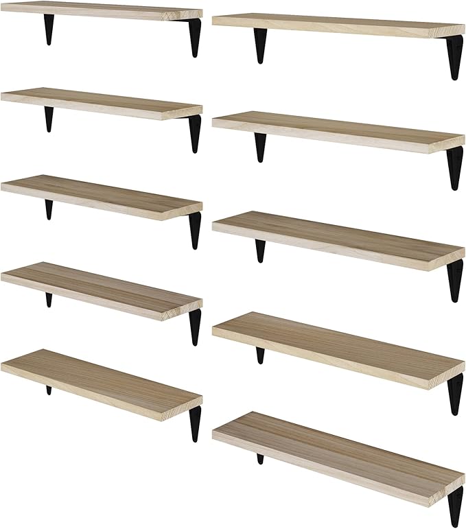 Wallniture Arras Floating Shelves for Wall Decor,17"x4.5" Bookshelf for Living Room Decor, Kitchen Organization, Hallway & Office Wall Shelves Natural Finish Set of 10