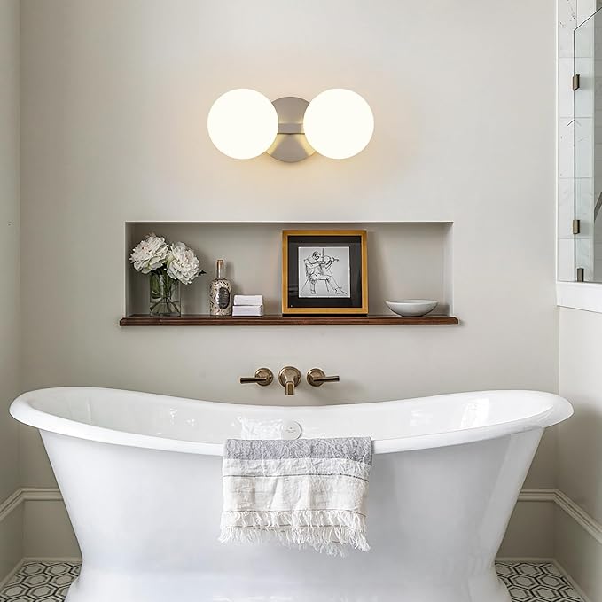 Globe Bathroom Vanity Light Fixtures: Nickel Wall Scones With 2 Milk Glass Shade - Modern Makeup Lighting Fixture over Mirror - Brass Ball Powder Room Vanities Lights for Hallway Bedroom Bulb Excluded