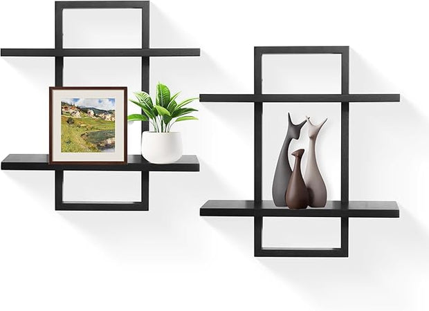 PHOENANCEE Floating Shelves for Wall,Display Hanging Shelf Set of 2,Modern Decorative Plants Shelves,Wood Home Decor Storage Chic for Living Room Bedroom Bathroom Office,Oak Frame,2-Tier Black