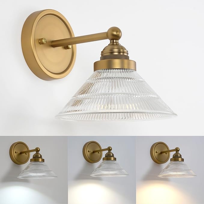 HEQIQEH Vintage Battery Operated Wall Sconce with Clear Ribbed Glass Shade, Dimmable Cordless Wall Lamp with Remote Control for Indoor Bedside, Hallway, Porch, Kitchen, Vanity Bathroom（1-Pack）