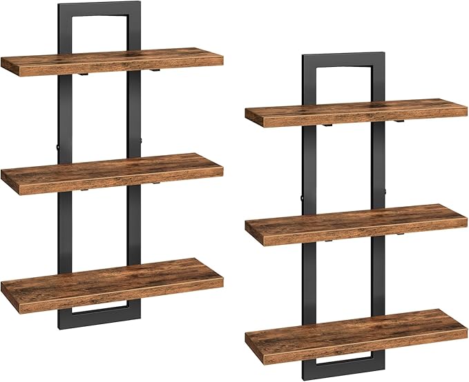HOOBRO Floating Shelves, Set of 2 Wall Shelves, 3-Tier Wall Mounted Storage Shelves, Hanging Bathroom Shelves, for Living Room, Bedroom, Bathroom, Kitchen, Rustic Brown and Black BF31BJP201