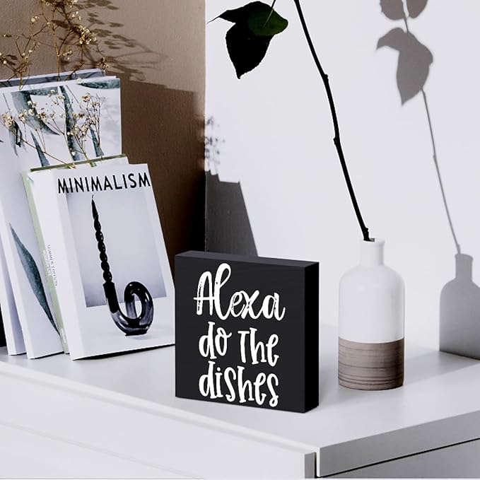 Funny Kitchen Wooden Box Sign Plaque Alexa Do the Dishes Black Wood Box Sign Rustic Art Home Kitchen Shelf Desk Decor 5 x 5 x 1 Inches…