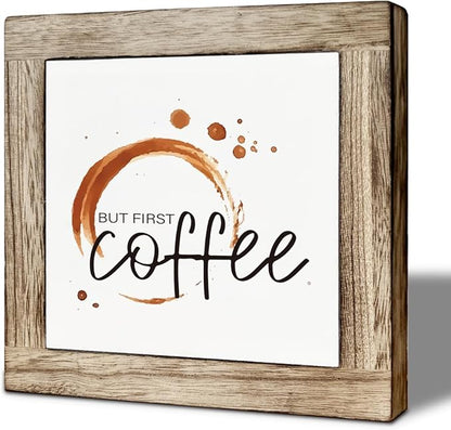 But First Coffee Sign, Funny Home Bar Sign, Rustic Wooden Table Top Decoration Signs, Coffee Decoration for Cafe Bar, for Kitchen Tiered Tray Decor 5.9×5.9 inch