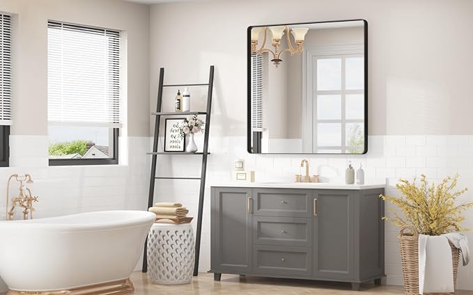 36x36 Inch Square Black Framed Bathroom Mirror for Wall, Matte Framed Bathroom Vanirty Mirror, Rounded Corners Rectangle Mirror, Tempered Glass, Anti-Rust