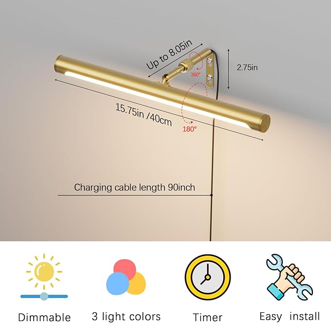 Picture Lights for Paintings Plug in, 16" Adjustable LED Gold Picture Light Art Light, Remote Control Gallery Painting Wall Light for Picture Display Dartboard Art Work (Gold)