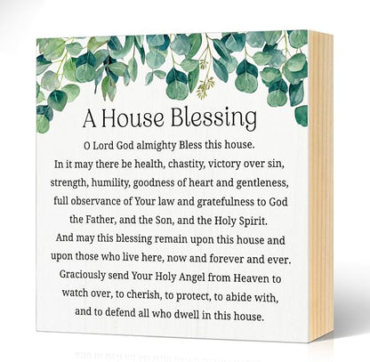 A House Blessing Wood Block Plaque Box Sign for Home Living Room Coffee House Bar Shelf Table Decoration, Housewarming Christian Decor Gifts for Women Mom Wife Sister Hostess Friends