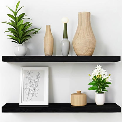 LA GRANGE RANGE® 23.6" Floating Shelves for Wall, 2X Pack, Wall Shelves for Storage & Décor, Perfect for Bathroom, Bedroom, Kitchen, Living Room, Natural Wood Finish with Hidden Bracket (Raven Black)