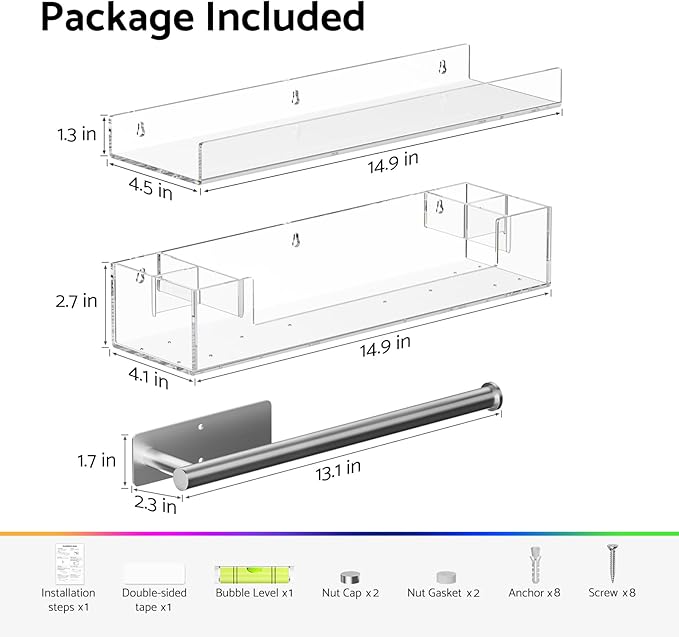 HIIMIEI Bathroom Shelves Wall Mounted: Clear Floating Shelf with Hand Towel Bar, 14.9in Acrylic Hanging Shelves Over Toilet, Set of 3 Bathroom Organizers Rack for Skin Care, Perfume, Lotion, Storage