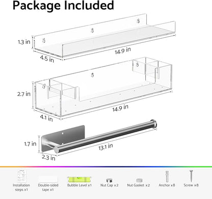 HIIMIEI Bathroom Shelves Wall Mounted: Clear Floating Shelf with Hand Towel Bar, 14.9in Acrylic Hanging Shelves Over Toilet, Set of 3 Bathroom Organizers Rack for Skin Care, Perfume, Lotion, Storage