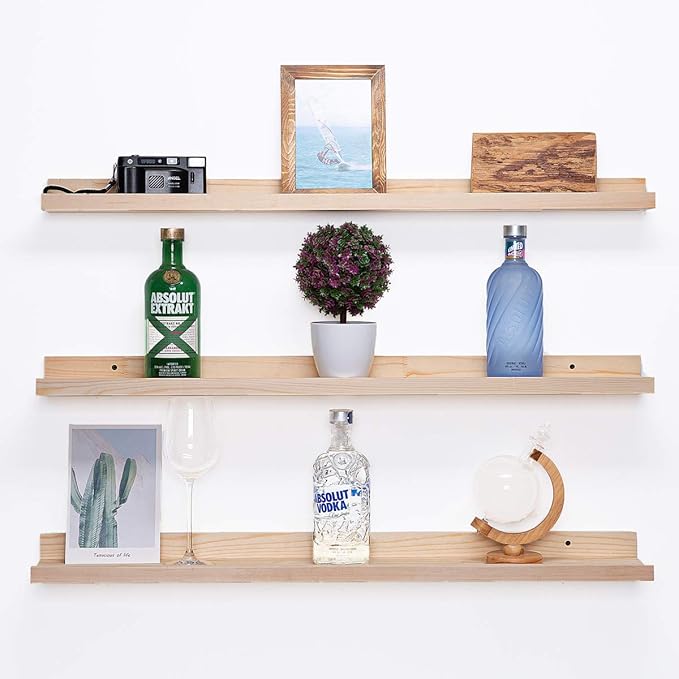 AZSKY 36 Inch Picture Ledge Shelf Solid Wood Large Floating Shelves Wall Mounted Rustic Natural Shelves for Home, Living Room, Bedroom, Bathroom, Office 3 Same Sizes