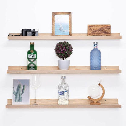 AZSKY 36 Inch Picture Ledge Shelf Solid Wood Large Floating Shelves Wall Mounted Rustic Natural Shelves for Home, Living Room, Bedroom, Bathroom, Office 3 Same Sizes
