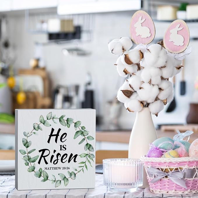 He Is Risen Decor Easter Religious Decorations Christian Easter Decorations Spring Decor Wooden Box Sign for Home Office Bedroom Living Room Desk Shelves