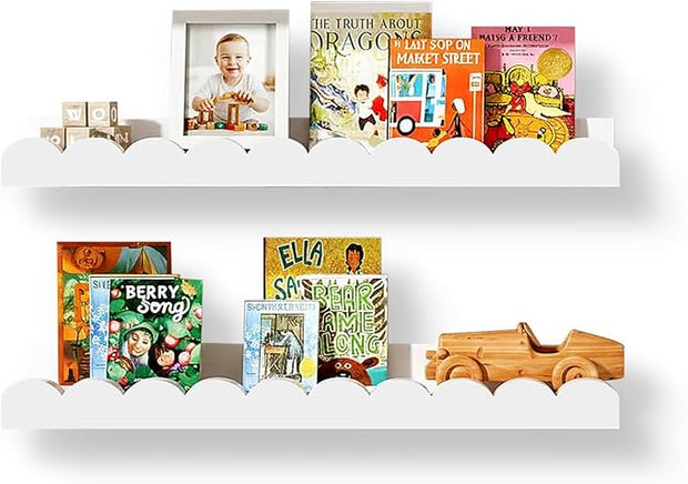 Nursery Floating Shelves for Kids Room, 2 Pack 23.6 Inch White Wall Shelves with Scalloped Edge, Kids Bookshelves for Toddler Bedroom, Playroom, Baby Nursery Decor