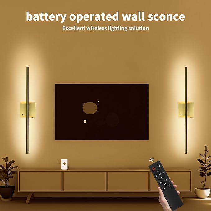 Battery Operated Wall Sconce Set of 2 Rechargeable Wireless Cordless 12000ma 360° Rotation Large Wall Lights lamp Modern Decor Linear Long Metal Gold 28