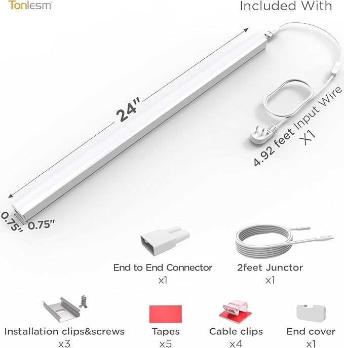 Under Cabinet Lighting Plug in 24in 1Pack AC120V 3CCT 3000/4000/5000K, Super Bright,Linkable Under Counter Lights for Kitchen, Ultra Slim LED Cabinet Light,ETL White