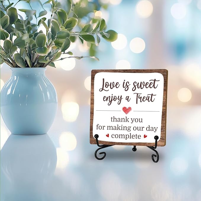 Romantic Decor Wooden Plaque, Love Is Sweet Enjoy A Treat Table Sign With 1 Iron Support For Wedding Party Dessert Table, Wedding Party Bridal Shower Anniversary Valentine's Day Party Decor