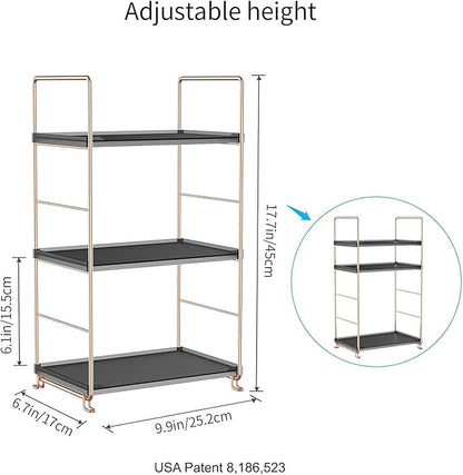 Plastic/Metal Freestanding Stackable Organizer Shelf,Bathroom Countertop Storage Shelf Cosmetic Organizer Holder Kitchen Spice Rack,3-Tier Standing Rack (Rose Gold@Black)