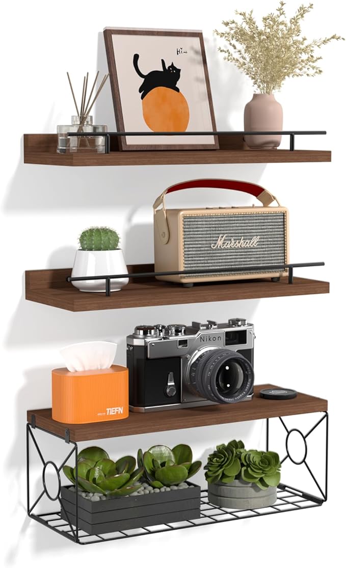 Floating Shelves for Wall, Floating Shelf for Wall Décor Set of 3, Bathroom Floating Shelves with Metal Toilet Paper Holder for Bathroom, Bedroom, Living Room, Kitchen, Office (Brown)