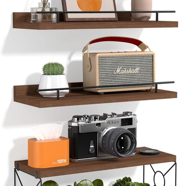 Floating Shelves for Wall, Floating Shelf for Wall Décor Set of 3, Bathroom Floating Shelves with Metal Toilet Paper Holder for Bathroom, Bedroom, Living Room, Kitchen, Office (Brown)