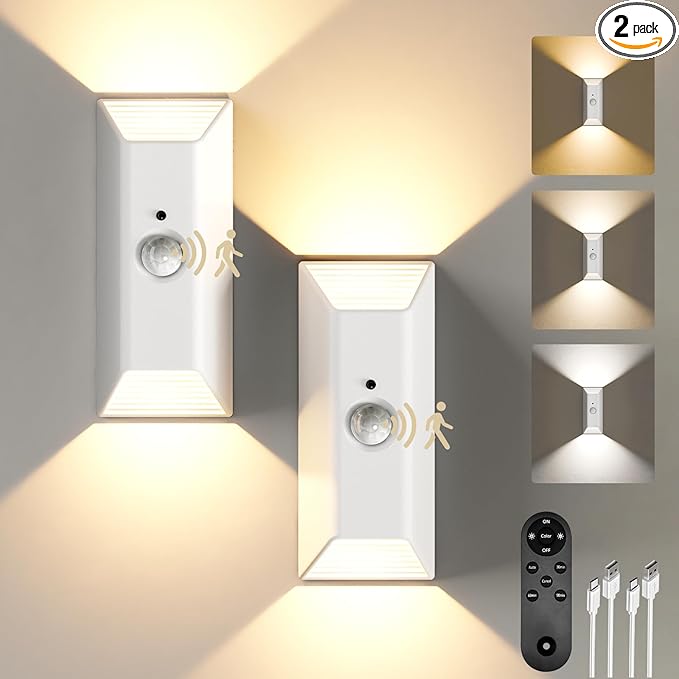 EZVALO Motion Sensor Wall Lights, 4000mAh Rechargeable Battery Operated Wall Sconces Set of 2, 3 Color Temps, Dimmable, Wireless Magnetic Night Light with Remote, Timer, for Stair, Hallway, Bathroom