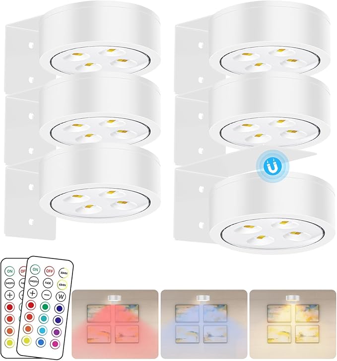 Wireless Battery Operated Painting with Remote Control,13 Color RGB Magnetic Led Art Display Light for Picture Frame, Dimmable and Timer, Wall Decor Display Light 6Pack White