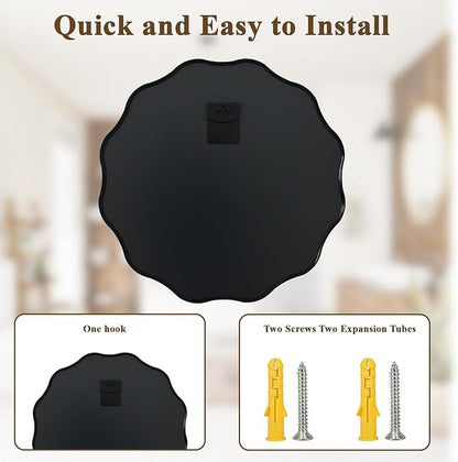 VooBang Black Scalloped Circle Mirror, 24" Wavy Edge Round Wall Mirror with Tempered Glass Textured Circular Metal Deep Frame, Hanging Leaning for Bathroom, Hallway, Entryway, Livng Room