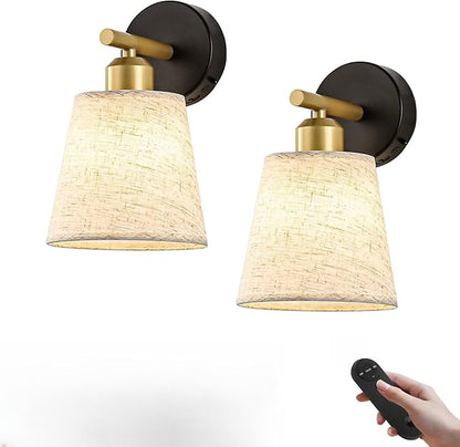 JOOSENLUX Battery Operated Wall Sconce Set of 2 with Fabric Shade – Rechargeable Cordless Wall Lamps, Remote Control, Dimmable LED, Black and Gold, Modern Decorative Accent Light