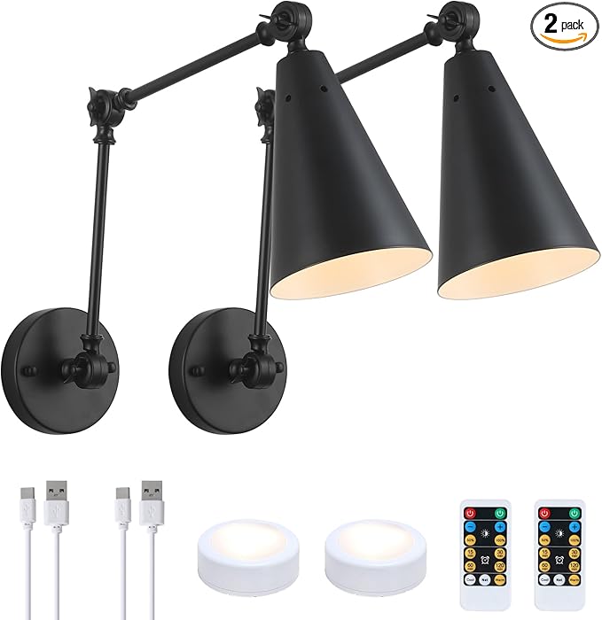 MWZ Black Swing Arm Wireless Rechargeable Sconces Set of 2,Battery Operated Dimmable 3 Color Cordless Wall Lamp with Remote,Indoor Wall Mounted Light Fixture with Cone Metal Shade for Bedside