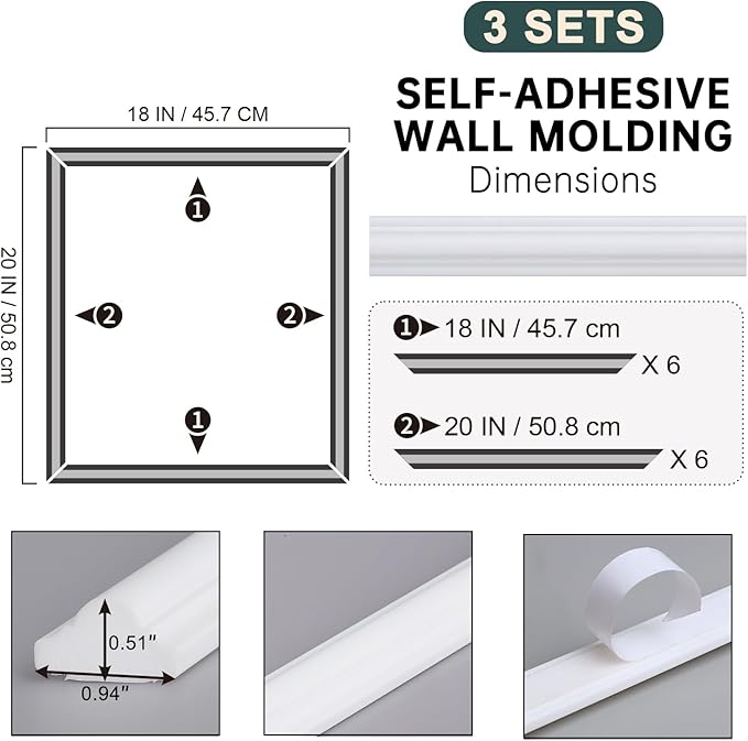 Melkus Peel and Stick Wall Molding Kit, 3 Sets 18“x20" Precut Wainscoting Panels, Self Adhesive Molding Trims for Interior Wall Décor