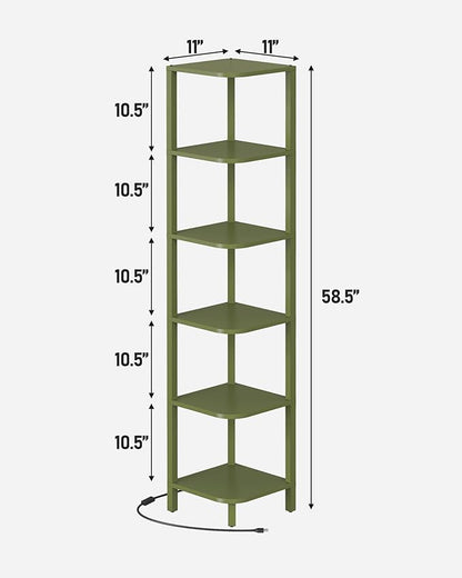 TUTOTAK Corner Shelf with LED Light, 6-Tier Corner Bookshelf for Small Space, Narrow Display Corner Shelf Stand with Storage Rack, for Living Room, Bedroom, Olive Green BS08BOG006L