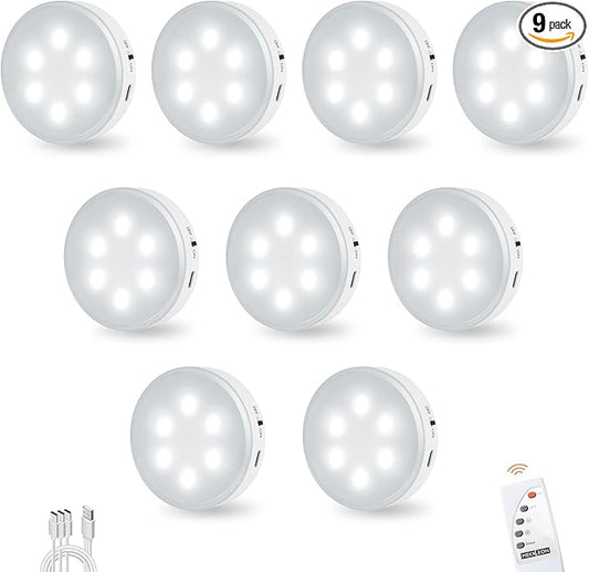 Puck Lights with Remote Control, Under Cabinet Lighting with Magnetic and Cordless, 1200mAh Rechargeable Closet Lights Stick On Lights for Under Cabinet,Hallway, Stairway,Closet (Cool White,9pcs)