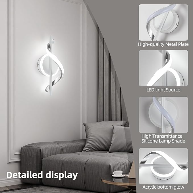 LED Wall Sconces Indoor, 12W LED Wall Lights, Modern Spiral Wall Lamp, 6000K Cold White Wall Mount Light Fixture for Stairs Living Room Bedroom Aisle Hallway (Cool White, White)