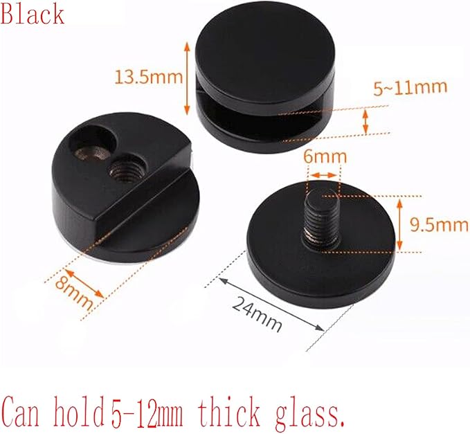 Mirror Clips, Thickened Brass Mirror Floating Glass Clip - Round Wall Mounted Mirrors Bracket/Clip -Bathroom Mirrors Supporting Sheet Mirror Fixed Fitting Black - (4 Pcs)