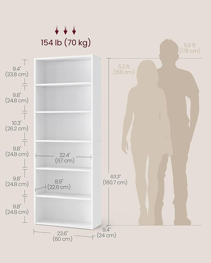 VASAGLE CUSTOS Collection - Bookshelf, 6-Tier Bookcase, Book Shelf, Open Storage Shelf, 9.4 x 23.6 x 63.3 Inches, for Living Room, Home Office, Dinning Room, Cloud White ULBC166T14