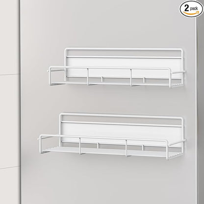 2 Pack Magnetic Spice Rack Organizer for Refrigerator and Microwave Oven, Metal Fridge Shelf for Kitchen, White